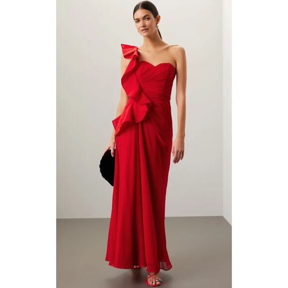 Badgley Mischka Poppy Red Georgette Gown Size 4 - Picture 1 of 10